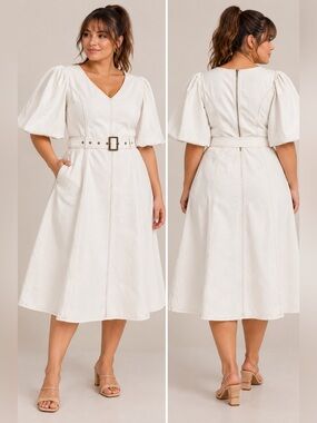 City Chic Ivory Denim Belted Puff Sleeve Midi Dress Size 14